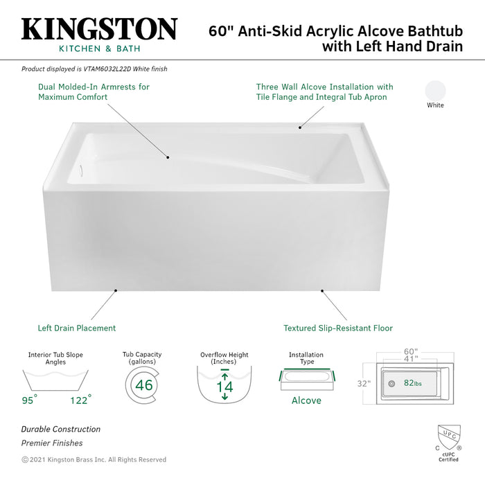Aqua Eden VTAM6032L22D 60-Inch Anti-Skid Acrylic 3-Wall Alcove Tub with Arm Rest and Left Hand Drain, White