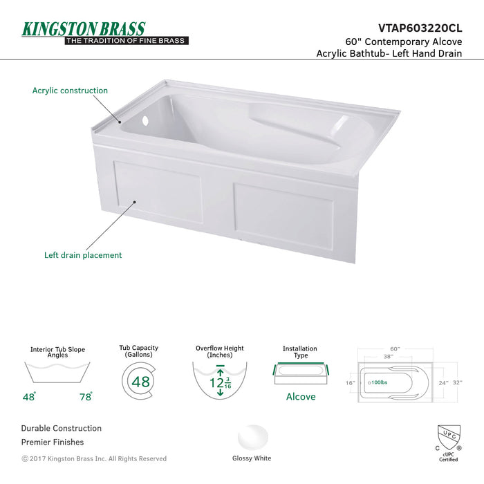 Aqua Eden VTAP603220CL 60-Inch Acrylic Anti-Skid 3-Wall Alcove Tub with Left Hand Drain Hole, White