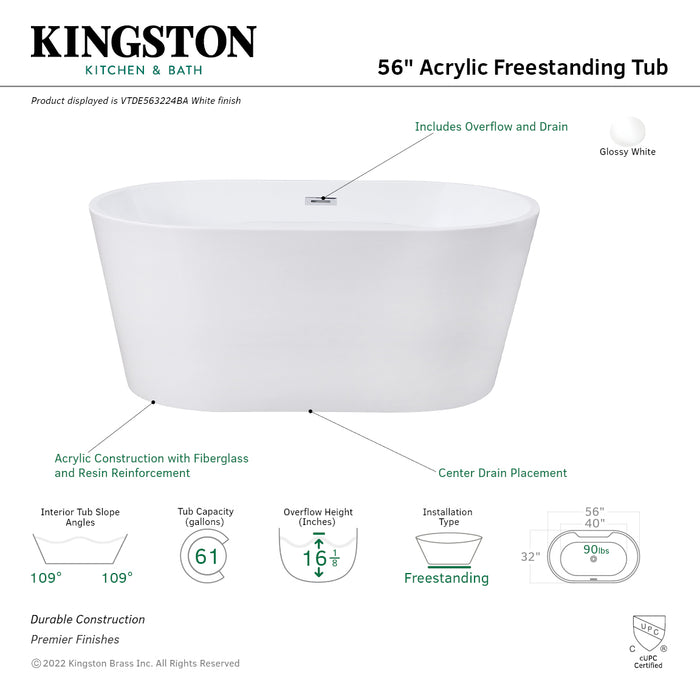 Aqua Eden VTDE563224BA 56-Inch Acrylic Freestanding Tub with Drain, Glossy White