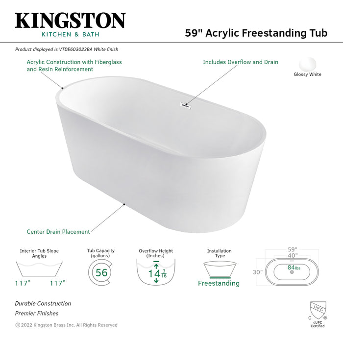 Aqua Eden VTDE603023BA 59-Inch Acrylic Double Ended Freestanding Tub with Drain, Glossy White