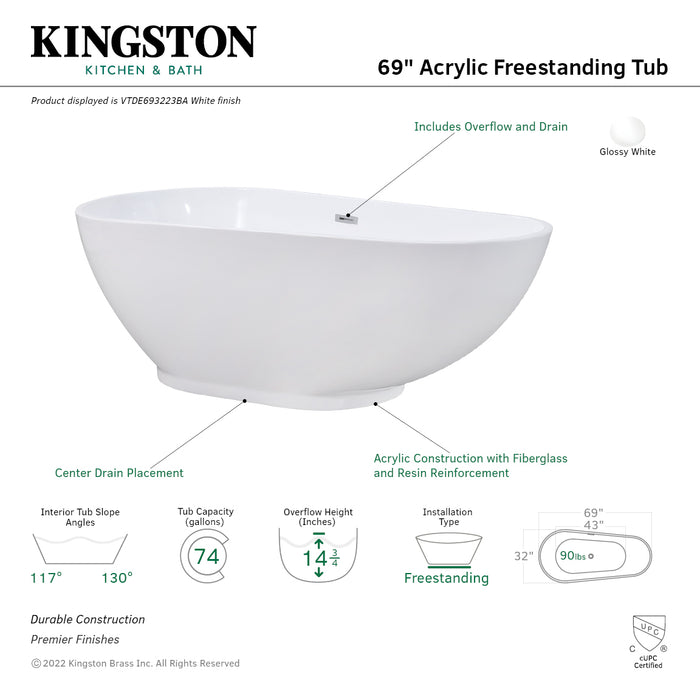 Aqua Eden VTDE693223BA 69-Inch Acrylic Double Ended Freestanding Tub with Drain, Glossy White