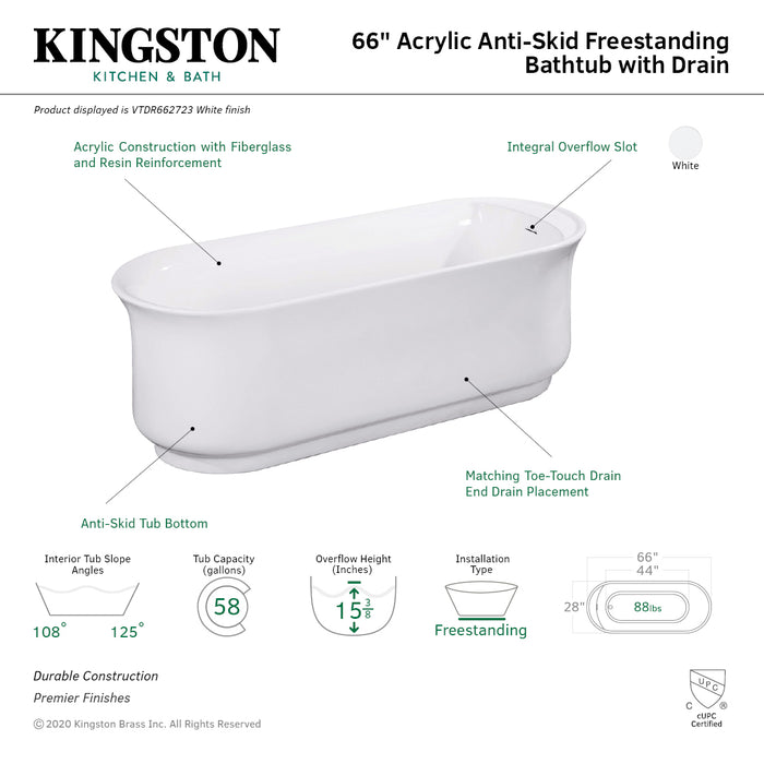 Aqua Eden VTDR662723 66-Inch Acrylic Anti-Skid Freestanding Tub with Drain, White