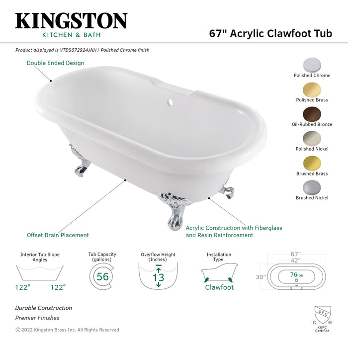 Aqua Eden VTDS672924JNH2 67-Inch Acrylic Double Ended Clawfoot Tub (No Faucet Drillings), White/Polished Brass