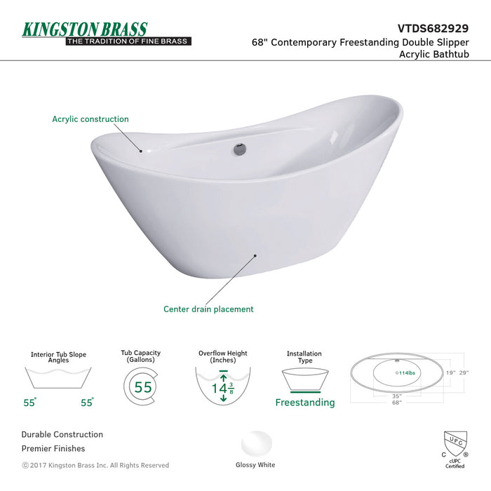 Aqua Eden VTDS682929 68-Inch Acrylic Double Slipper Freestanding Tub with Drain, White