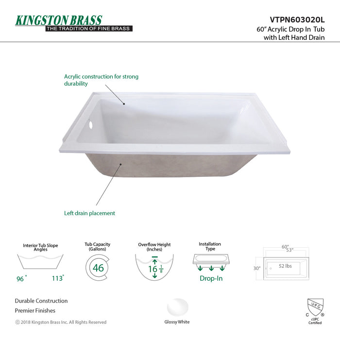 Aqua Eden VTPN603020L 60-Inch Acrylic Rectangular Drop-In Tub with Left Hand Drain, White