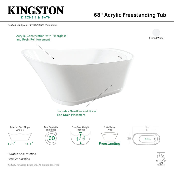 Begonia VTRS683027 69-Inch Acrylic Single Slipper Freestanding Tub with Drain, White
