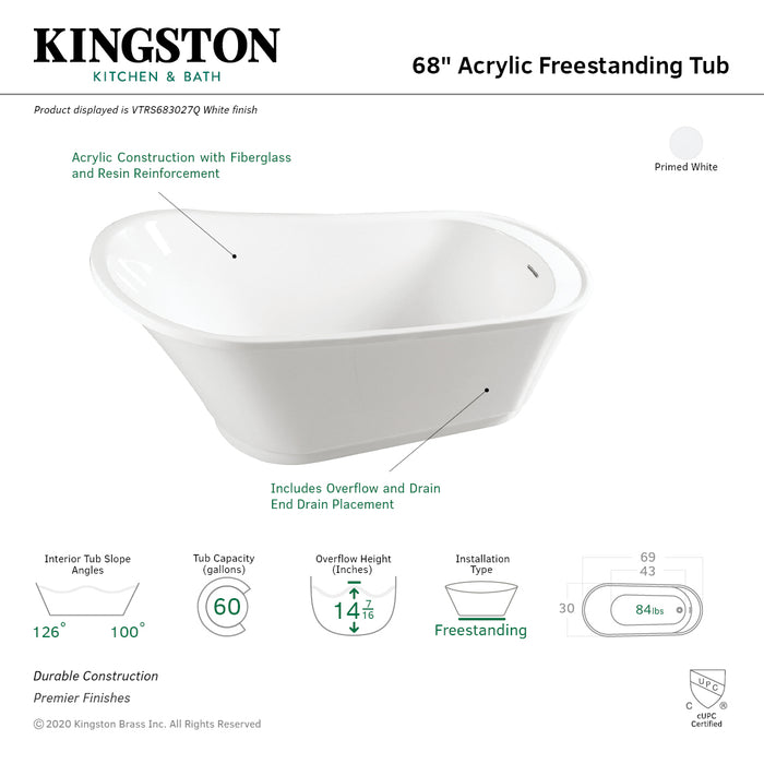 Freesia VTRS683027Q 69-Inch Acrylic Single Slipper Freestanding Tub with Drain, White