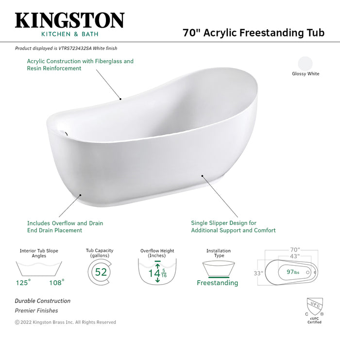 Aqua Eden VTRS723432SA 70-Inch Acrylic Freestanding Tub with Drain, Glossy White