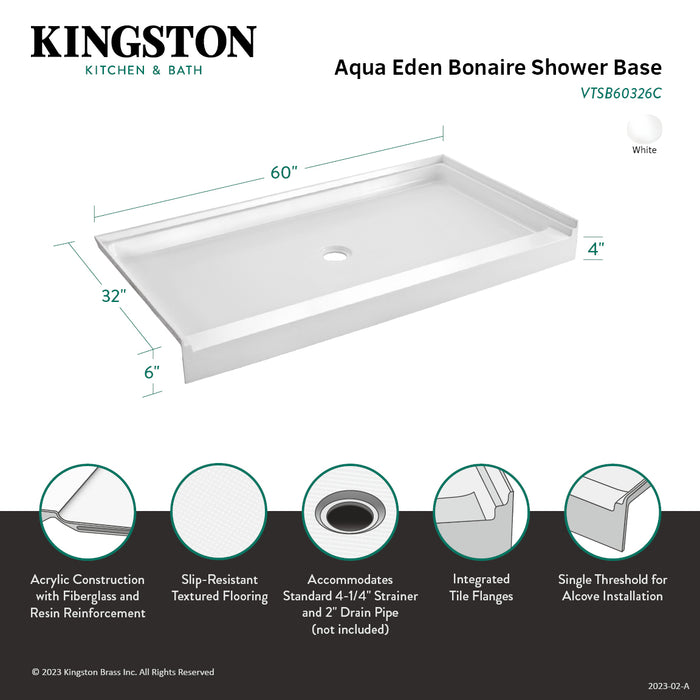 Bonaire VTSB60326C 60-Inch x 32-Inch Anti-Skid Acrylic Shower Base with Center Drain, White