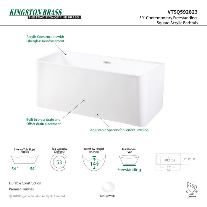 Aqua Eden VTSQ592823 59-Inch Acrylic Freestanding Tub with Drain, White