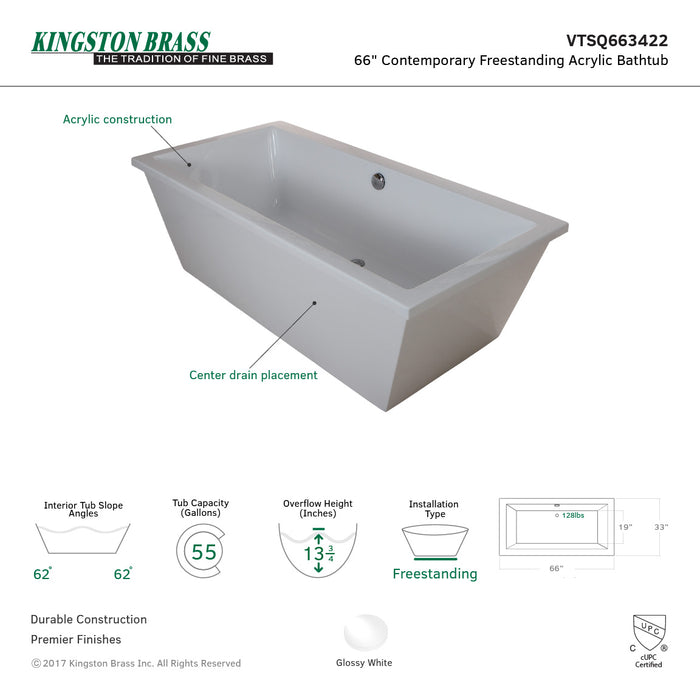 Aqua Eden VTSQ663422 66-Inch Acrylic Double Ended Freestanding Tub with Drain, White