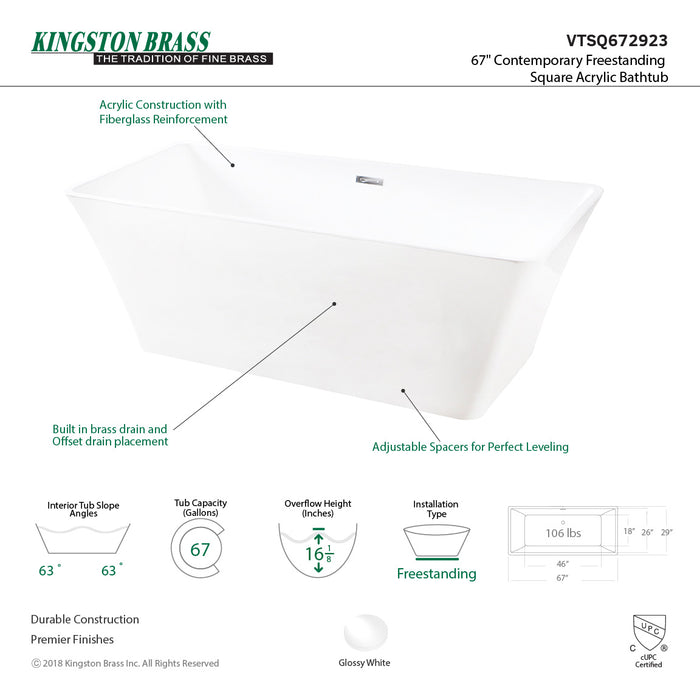Aqua Eden VTSQ672923 67-Inch Acrylic Freestanding Tub with Drain, White