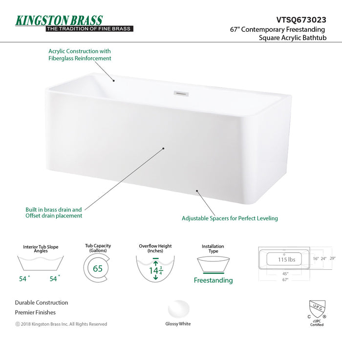 Aqua Eden VTSQ673023 67-Inch Acrylic Freestanding Tub with Drain, White