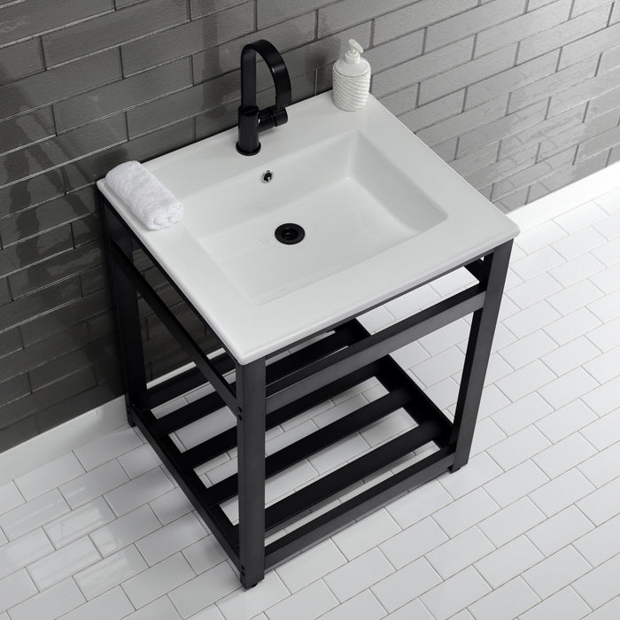 Kingston Sona VWP2522A0 - Quadras 25-Inch Ceramic Console Sink with Steel Base and Shelf (1-Hole), White/Matte Black