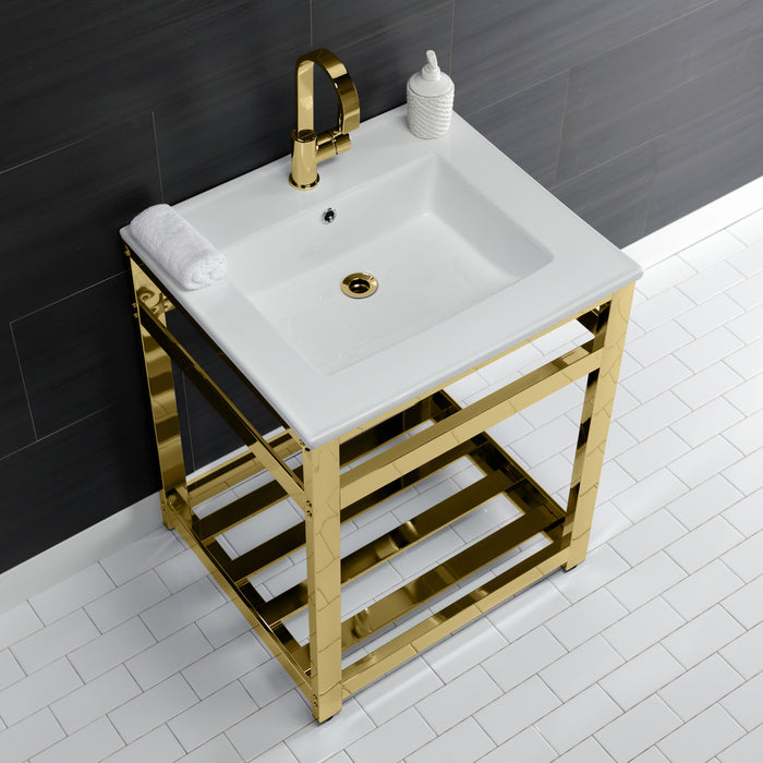 Fauceture VWP2522A2 25-Inch Ceramic Console Sink Set, White/Polished Brass