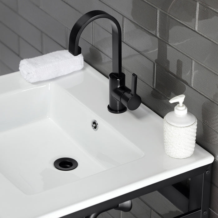 Kingston Quadras VWP2522B0 25-Inch Ceramic Console Sink with Steel Base and Glass Shelf (1-Hole), White/Matte Black