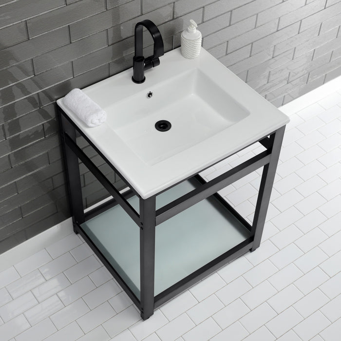 Kingston Quadras VWP2522B0 25-Inch Ceramic Console Sink with Steel Base and Glass Shelf (1-Hole), White/Matte Black