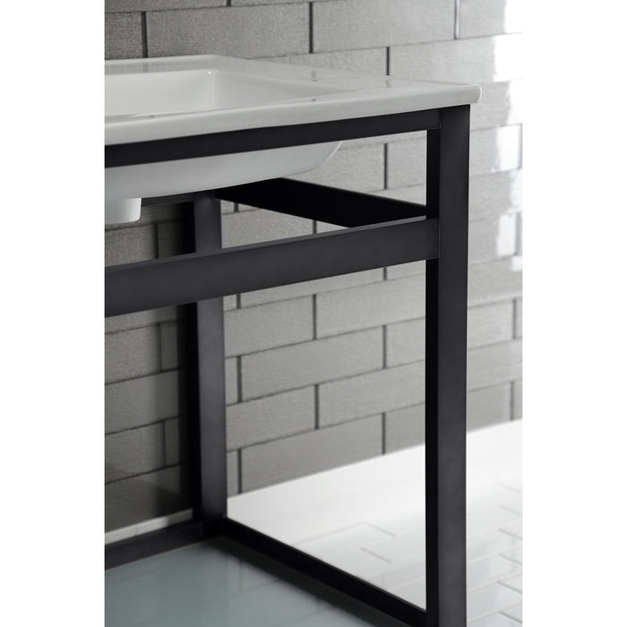 Kingston Quadras VWP2522B0 25-Inch Ceramic Console Sink with Steel Base and Glass Shelf (1-Hole), White/Matte Black