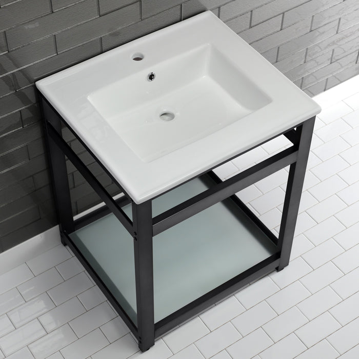 Kingston Quadras VWP2522B0 25-Inch Ceramic Console Sink with Steel Base and Glass Shelf (1-Hole), White/Matte Black