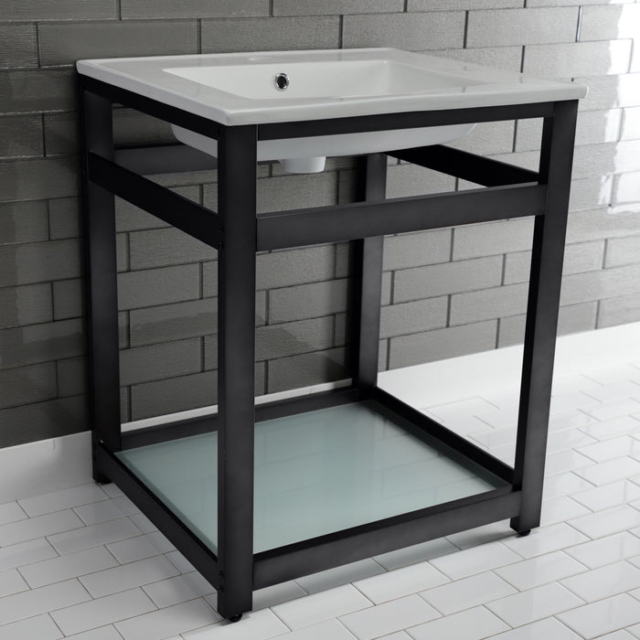 Kingston Quadras VWP2522B0 25-Inch Ceramic Console Sink with Steel Base and Glass Shelf (1-Hole), White/Matte Black
