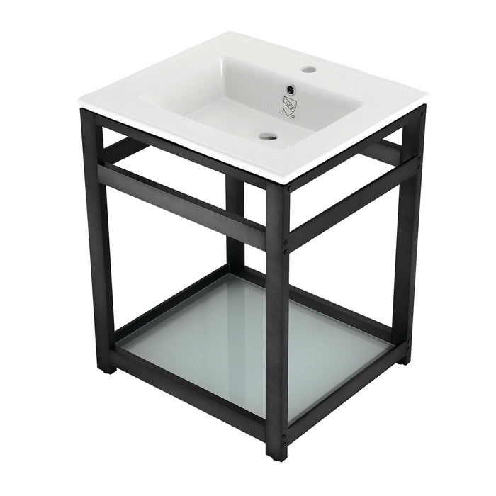 Kingston Quadras VWP2522B0 25-Inch Ceramic Console Sink with Steel Base and Glass Shelf (1-Hole), White/Matte Black