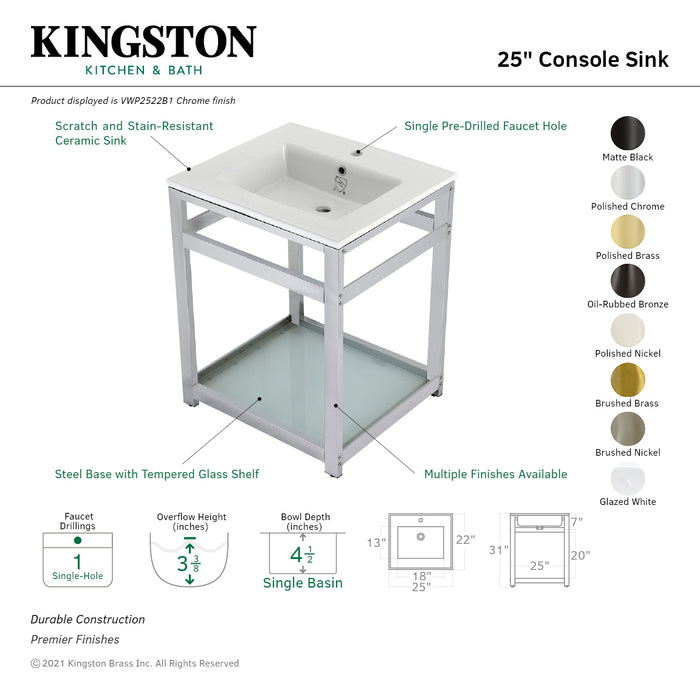 Kingston Quadras VWP2522B1 25-Inch Ceramic Console Sink with Steel Base and Glass Shelf (1-Hole), White/Chrome
