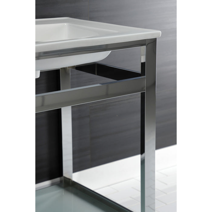 Kingston Quadras VWP2522B1 25-Inch Ceramic Console Sink with Steel Base and Glass Shelf (1-Hole), White/Chrome