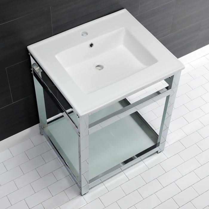 Kingston Quadras VWP2522B1 25-Inch Ceramic Console Sink with Steel Base and Glass Shelf (1-Hole), White/Chrome