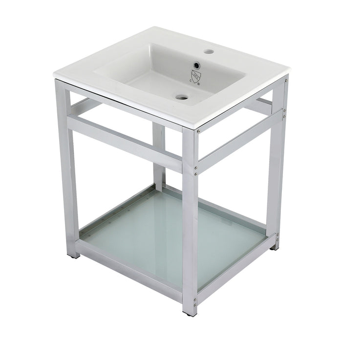 Kingston Quadras VWP2522B1 25-Inch Ceramic Console Sink with Steel Base and Glass Shelf (1-Hole), White/Chrome