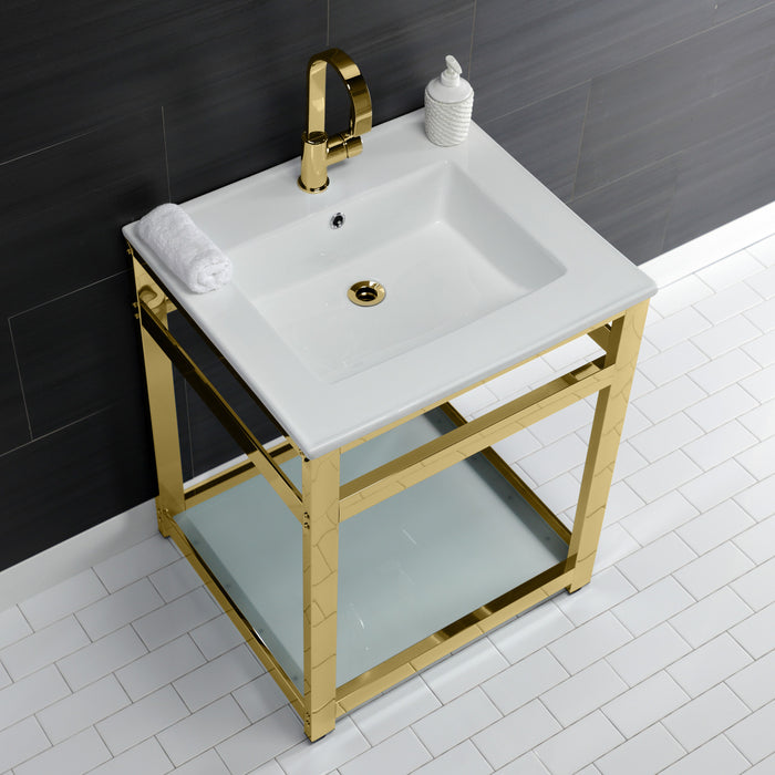 Quadras VWP2522B2 25-Inch Ceramic Console Sink with Steel Base and Glass Shelf (1-Hole), White/Polished Brass