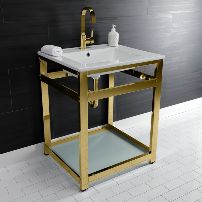 Quadras VWP2522B2 25-Inch Ceramic Console Sink with Steel Base and Glass Shelf (1-Hole), White/Polished Brass