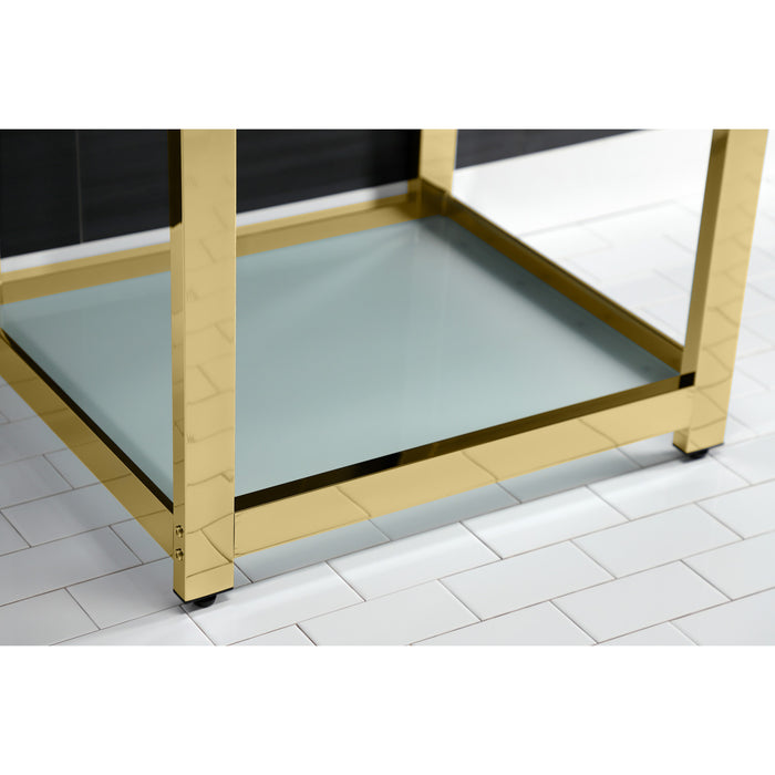 Quadras VWP2522B2 25-Inch Ceramic Console Sink with Steel Base and Glass Shelf (1-Hole), White/Polished Brass