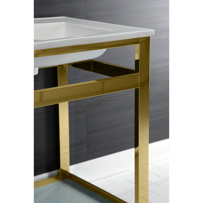Quadras VWP2522B2 25-Inch Ceramic Console Sink with Steel Base and Glass Shelf (1-Hole), White/Polished Brass