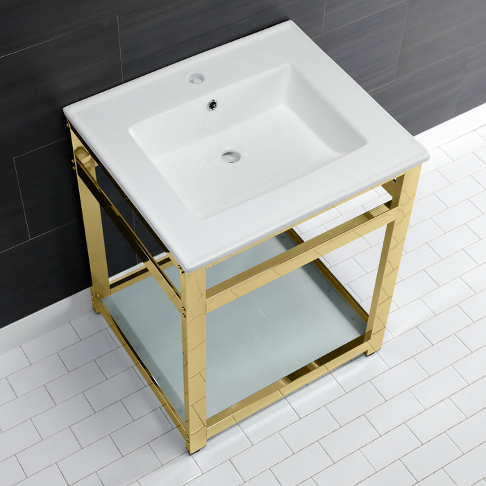 Quadras VWP2522B2 25-Inch Ceramic Console Sink with Steel Base and Glass Shelf (1-Hole), White/Polished Brass