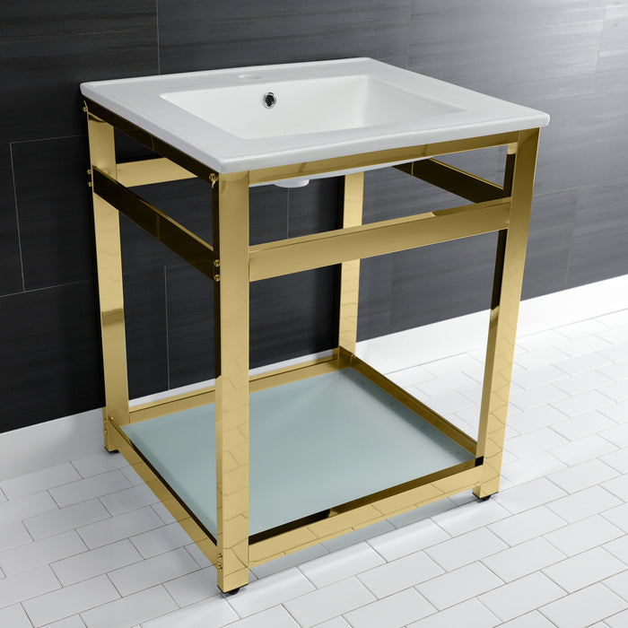 Quadras VWP2522B2 25-Inch Ceramic Console Sink with Steel Base and Glass Shelf (1-Hole), White/Polished Brass