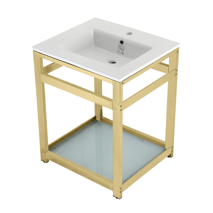 Fauceture VWP2522B2 25-Inch Ceramic Console Sink Set, White/Polished Brass
