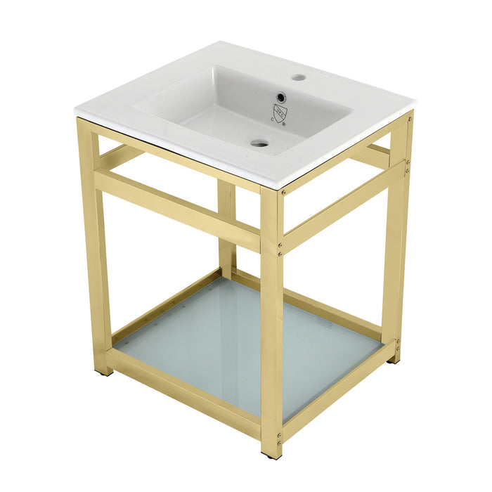 Quadras VWP2522B2 25-Inch Ceramic Console Sink with Steel Base and Glass Shelf (1-Hole), White/Polished Brass