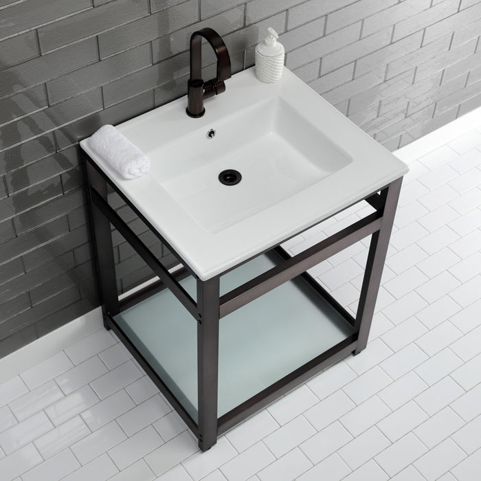 Kingston Quadras VWP2522B5 25-Inch Ceramic Console Sink with Steel Base and Glass Shelf (1-Hole), White/Oil Rubbed Bronze