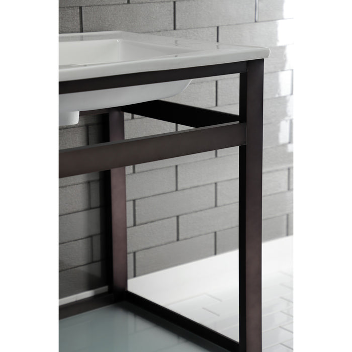 Kingston Quadras VWP2522B5 25-Inch Ceramic Console Sink with Steel Base and Glass Shelf (1-Hole), White/Oil Rubbed Bronze