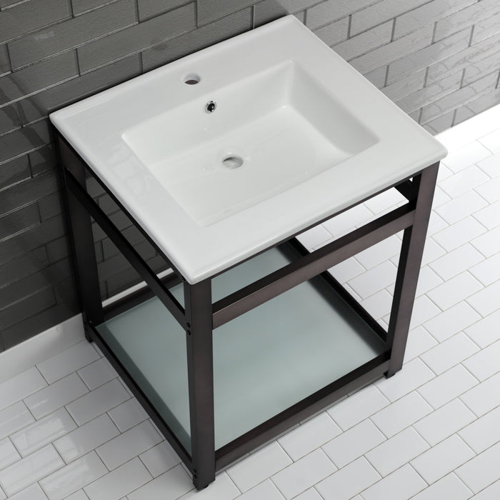 Kingston Quadras VWP2522B5 25-Inch Ceramic Console Sink with Steel Base and Glass Shelf (1-Hole), White/Oil Rubbed Bronze