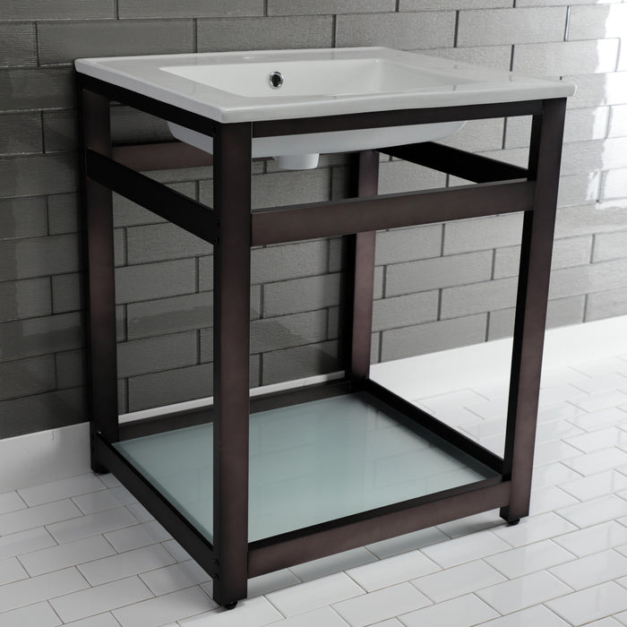 Kingston Quadras VWP2522B5 25-Inch Ceramic Console Sink with Steel Base and Glass Shelf (1-Hole), White/Oil Rubbed Bronze