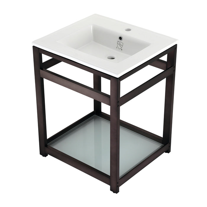 Kingston Quadras VWP2522B5 25-Inch Ceramic Console Sink with Steel Base and Glass Shelf (1-Hole), White/Oil Rubbed Bronze