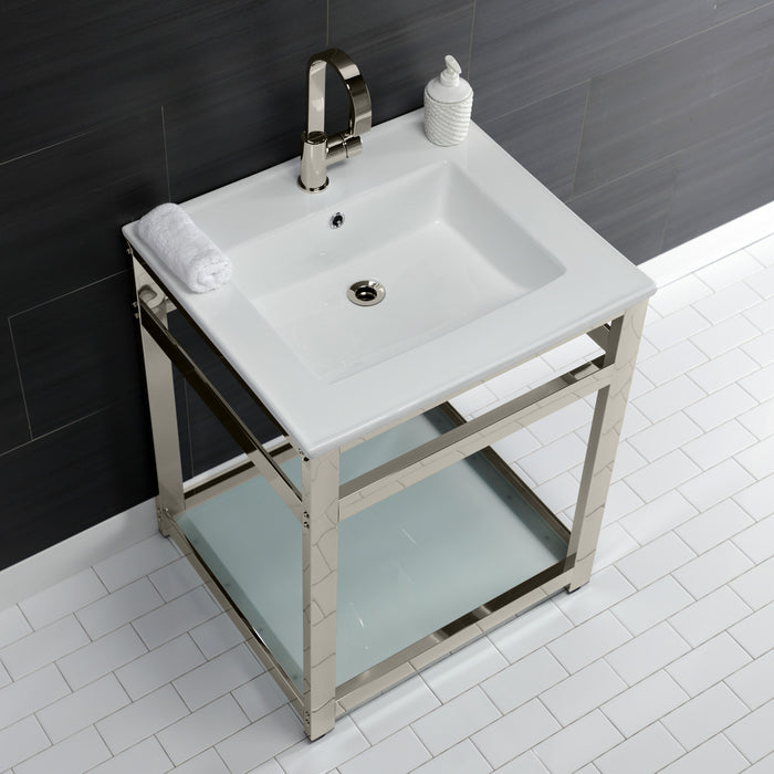 Kingston Quadras VWP2522B6 25-Inch Ceramic Console Sink with Steel Base and Glass Shelf (1-Hole), White/Polished Nickel