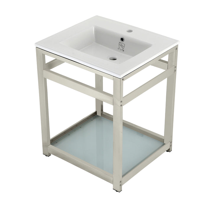 Kingston Quadras VWP2522B6 25-Inch Ceramic Console Sink with Steel Base and Glass Shelf (1-Hole), White/Polished Nickel
