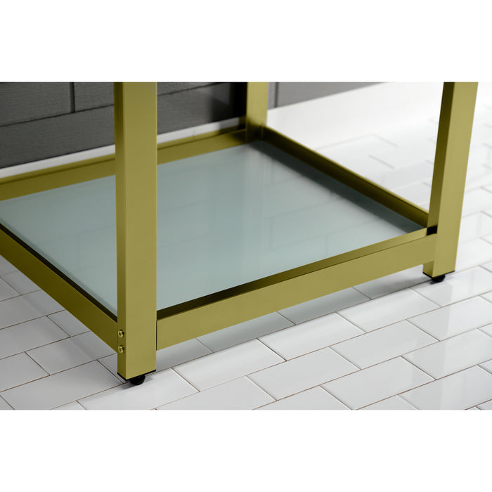Quadras VWP2522B7 25-Inch Ceramic Console Sink with Steel Base and Glass Shelf (1-Hole), White/Brushed Brass
