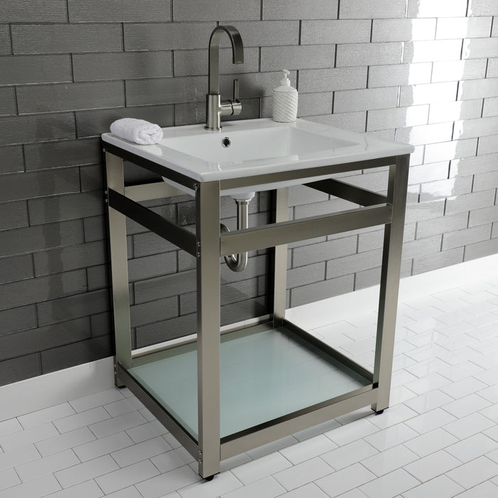 Kingston Quadras VWP2522B8 25-Inch Ceramic Console Sink with Steel Base and Glass Shelf (1-Hole), White/Brushed Nickel