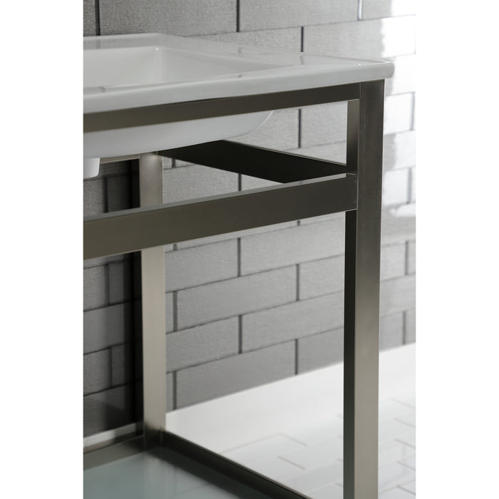 Kingston Quadras VWP2522B8 25-Inch Ceramic Console Sink with Steel Base and Glass Shelf (1-Hole), White/Brushed Nickel