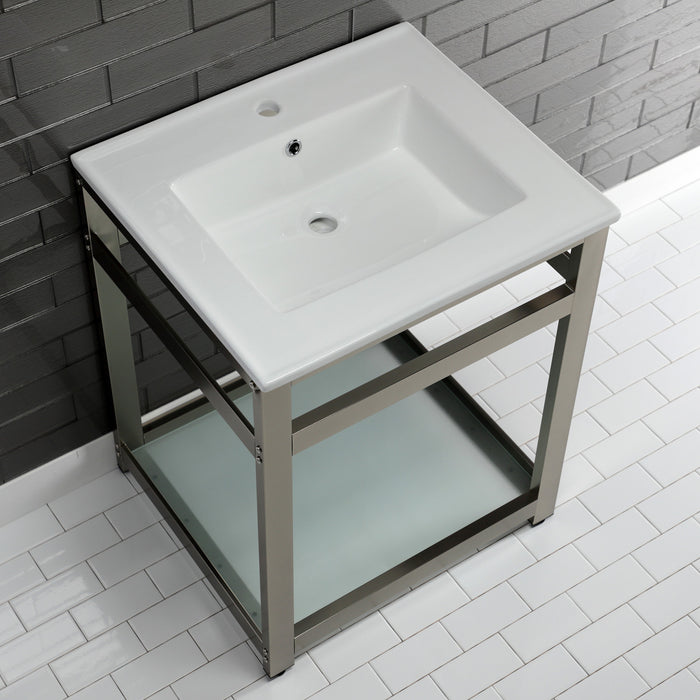 Kingston Quadras VWP2522B8 25-Inch Ceramic Console Sink with Steel Base and Glass Shelf (1-Hole), White/Brushed Nickel