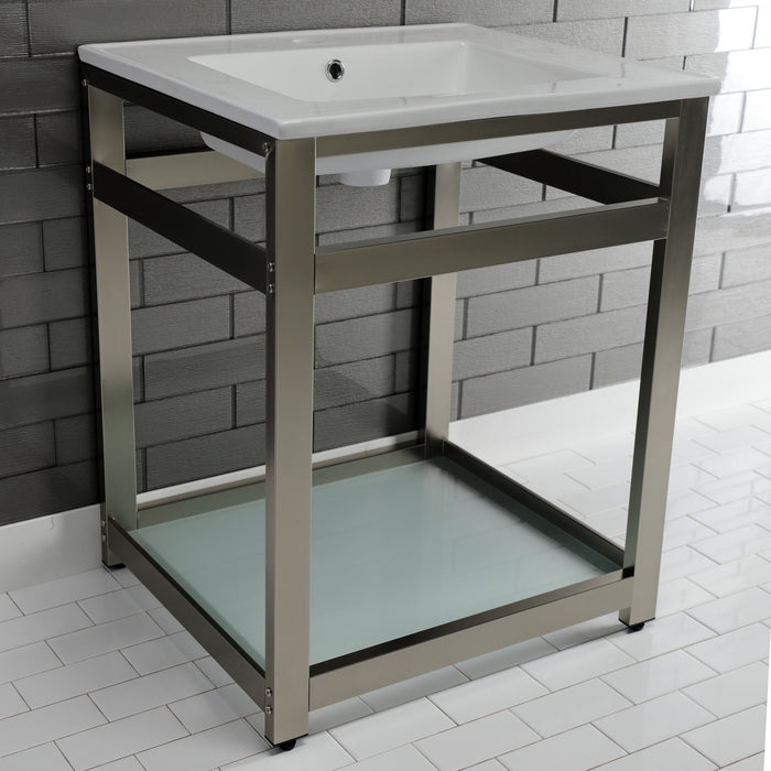 Kingston Quadras VWP2522B8 25-Inch Ceramic Console Sink with Steel Base and Glass Shelf (1-Hole), White/Brushed Nickel