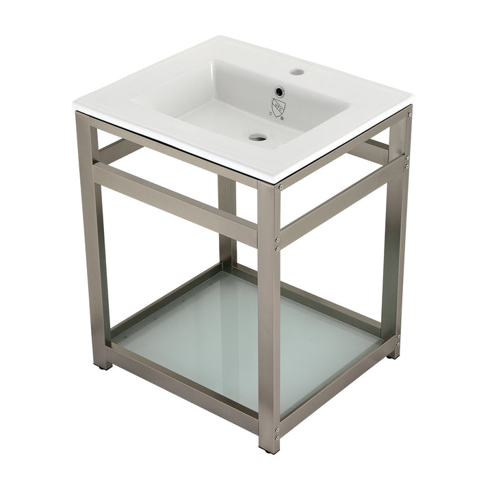 Kingston Quadras VWP2522B8 25-Inch Ceramic Console Sink with Steel Base and Glass Shelf (1-Hole), White/Brushed Nickel